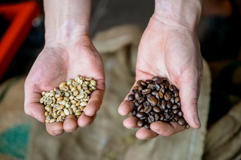 Safari Coffee – kávová zrna před a po pražení